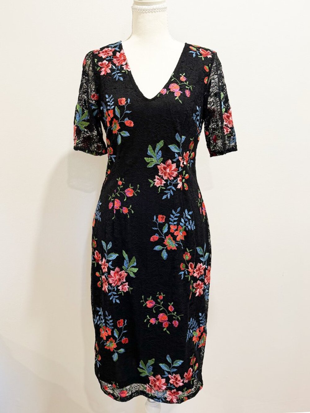 Adrianna Papell Black Lace Midi Dress with Pink, Red & Blue Floral Embroidery